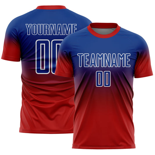 Custom Royal White-Red Fade Fashion Sublimation Soccer Uniform Jersey - Main View