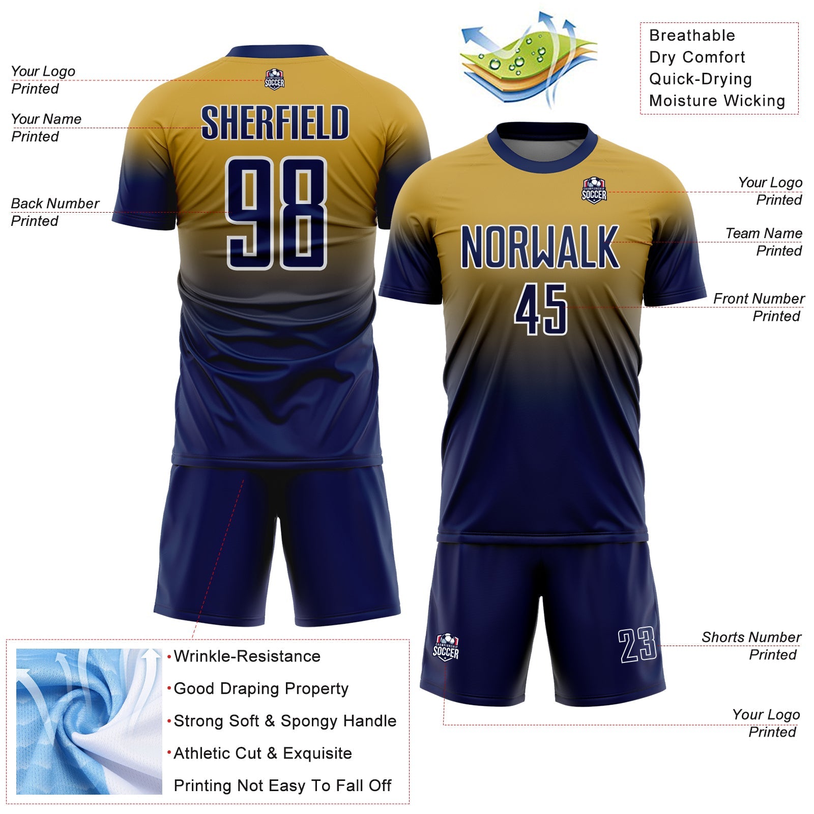 Custom Old Gold Navy-White Fade Fashion Sublimation Soccer Uniform Jersey view 4