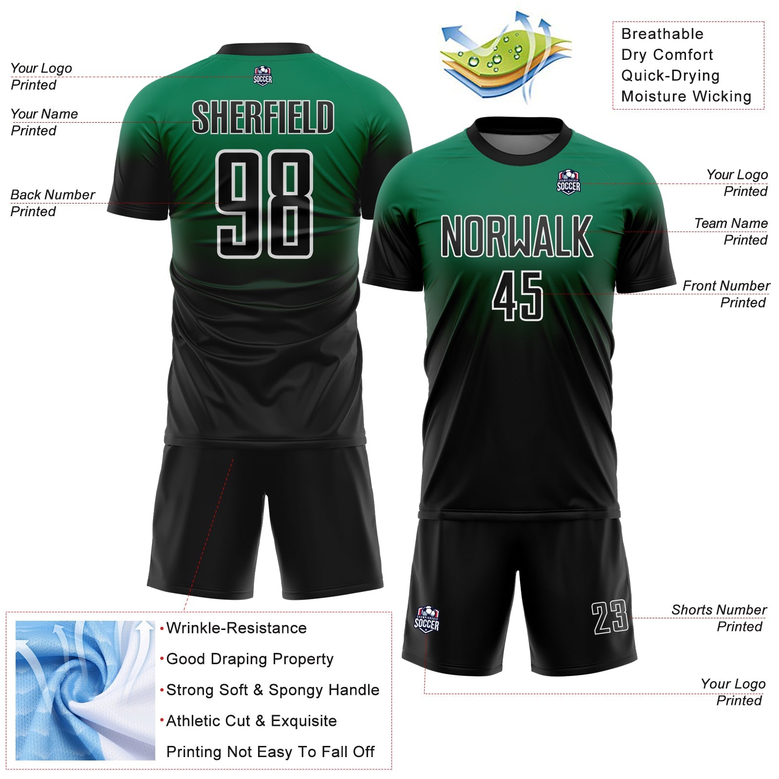 Custom Kelly Green Black-White Fade Fashion Sublimation Soccer Uniform Jersey view 4