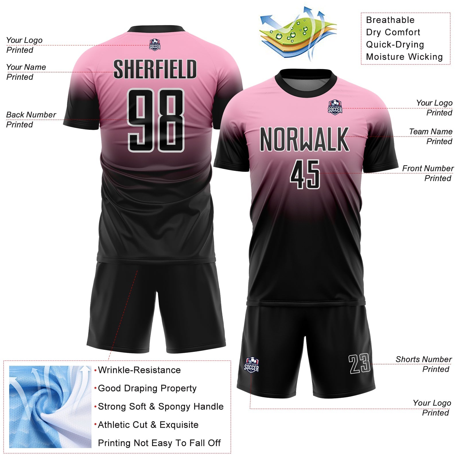 Custom Light Pink Black-White Fade Fashion Sublimation Soccer Uniform Jersey view 4