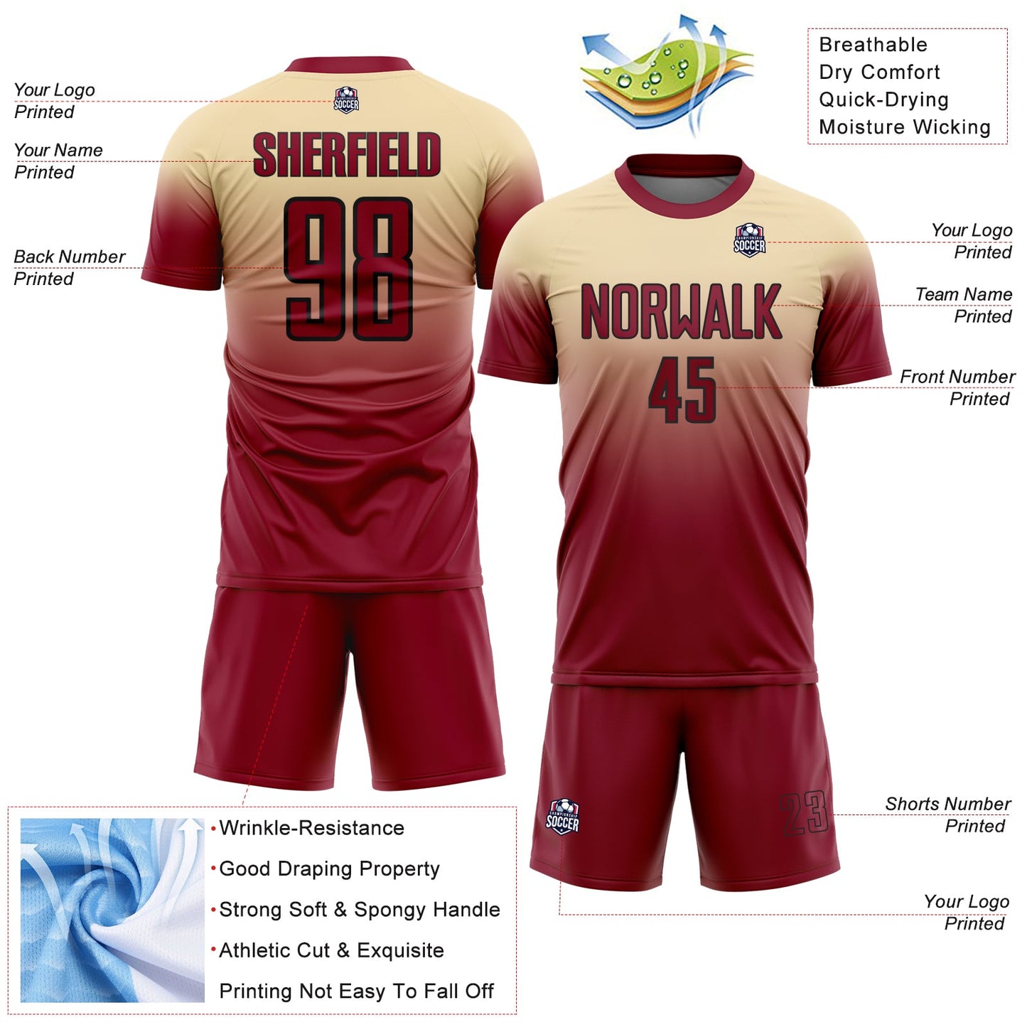 Custom Cream Crimson-Black Fade Fashion Sublimation Soccer Uniform Jersey view 4