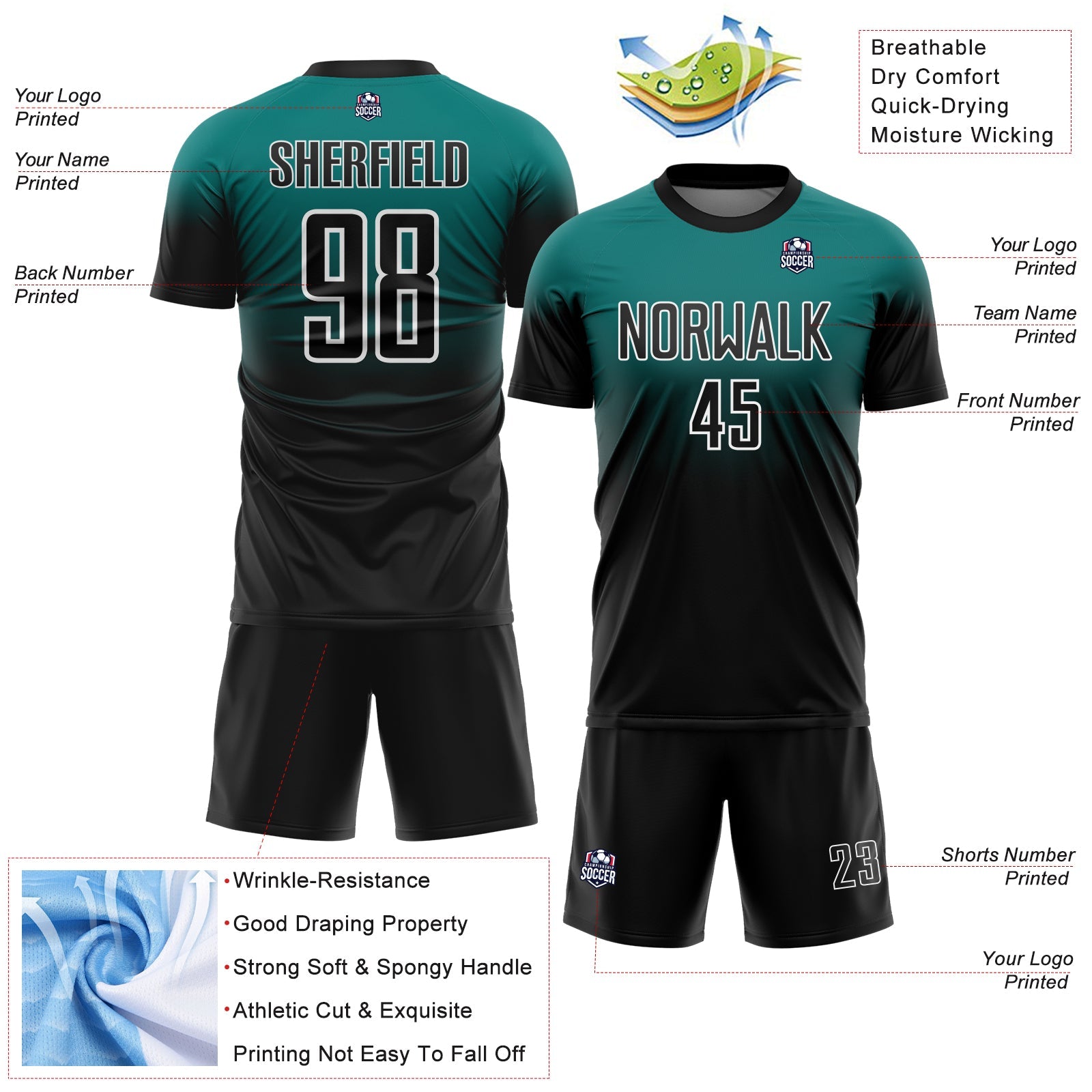 Custom Teal Black-White Fade Fashion Sublimation Soccer Uniform Jersey view 4