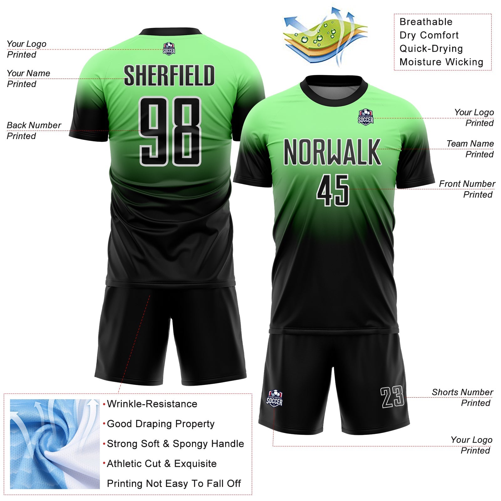 Custom Pea Green Black-White Fade Fashion Sublimation Soccer Uniform Jersey view 4