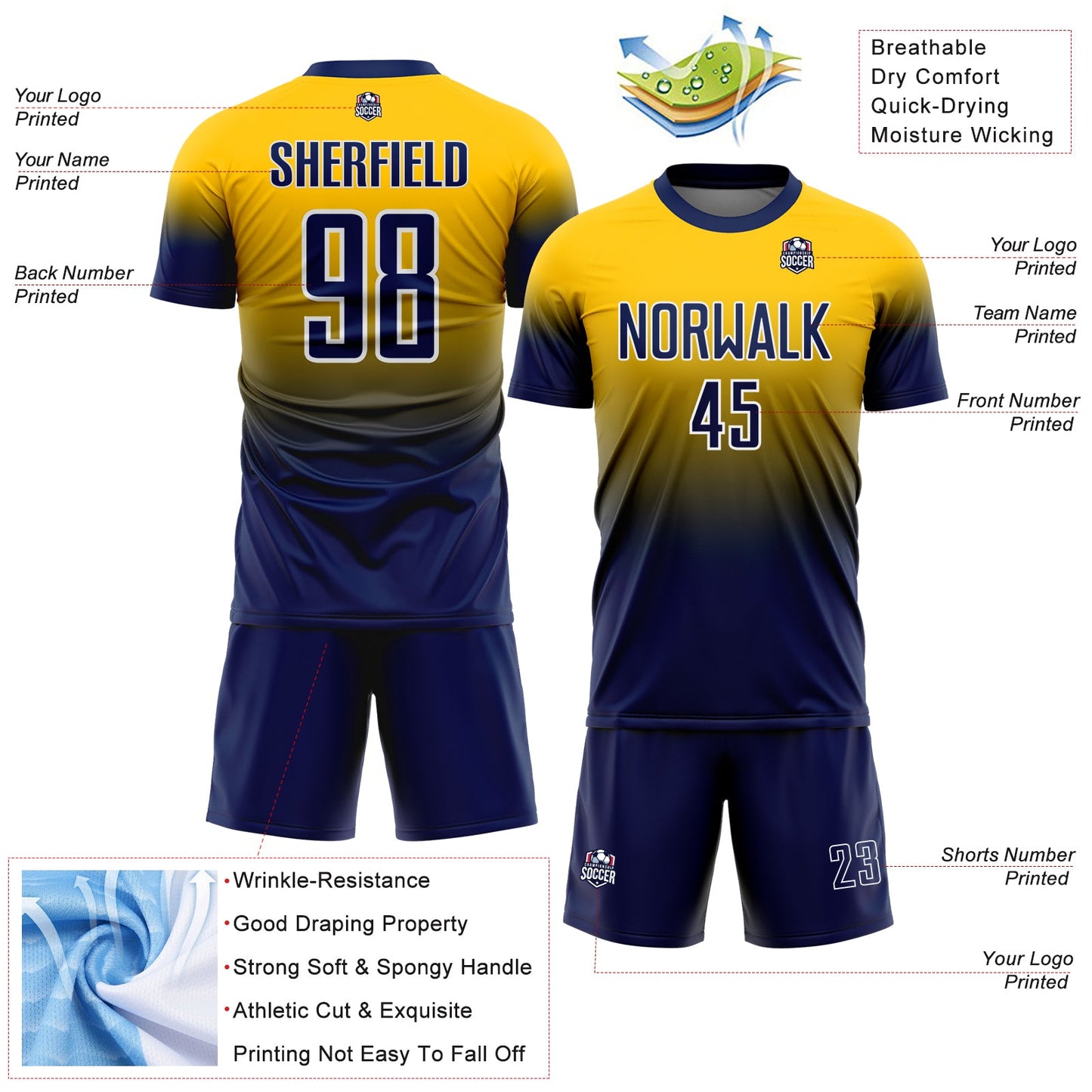 Custom Yellow Navy-White Fade Fashion Sublimation Soccer Uniform Jersey view 4
