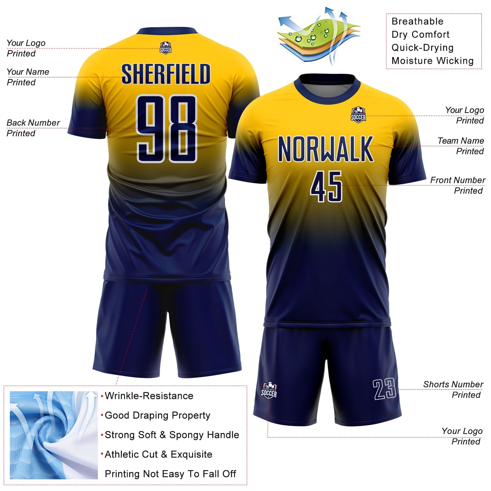 Custom Yellow Navy-White Fade Fashion Sublimation Soccer Uniform Jersey view 4