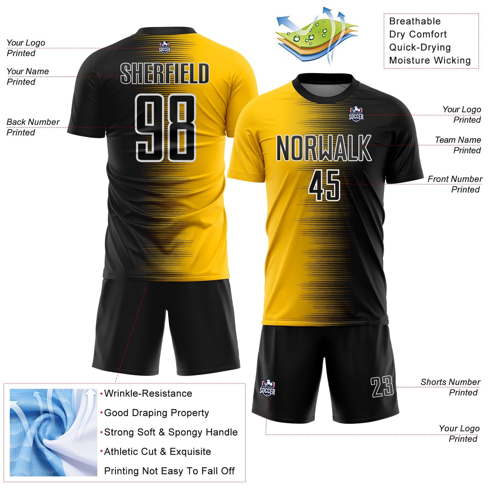 Custom Black White-Gold Gradient Line Sublimation Soccer Uniform Jersey view 4