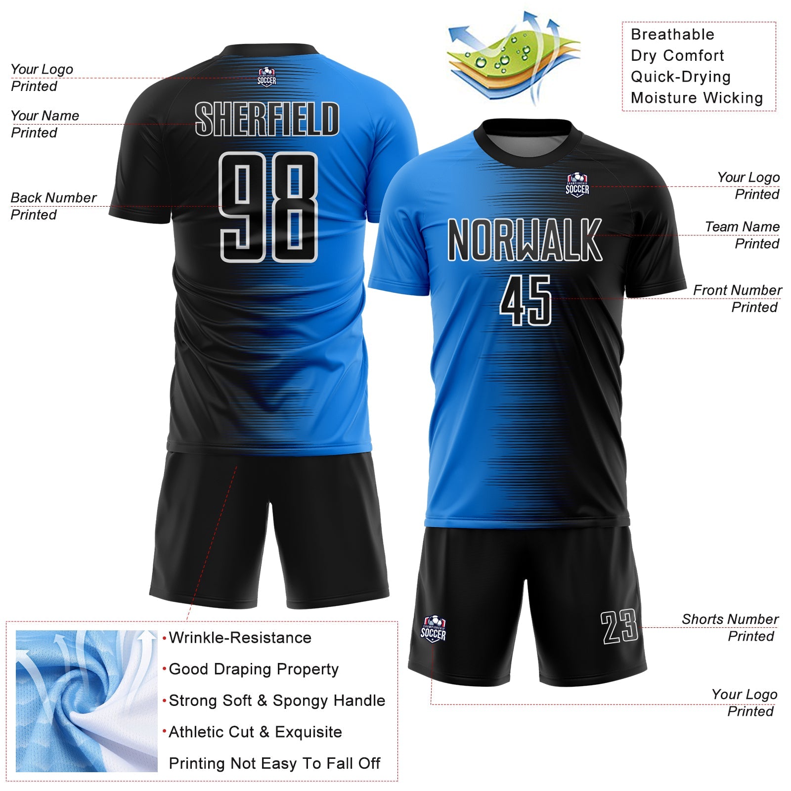 Custom Black White-Powder Blue Gradient Line Sublimation Soccer Uniform Jersey view 4