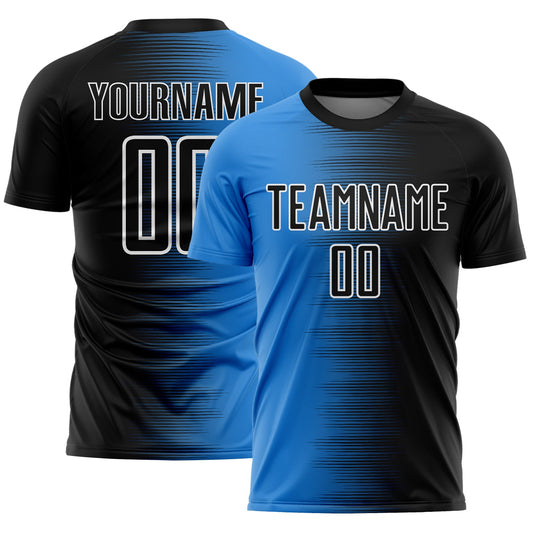 Custom Black White-Powder Blue Gradient Line Sublimation Soccer Uniform Jersey - Main View