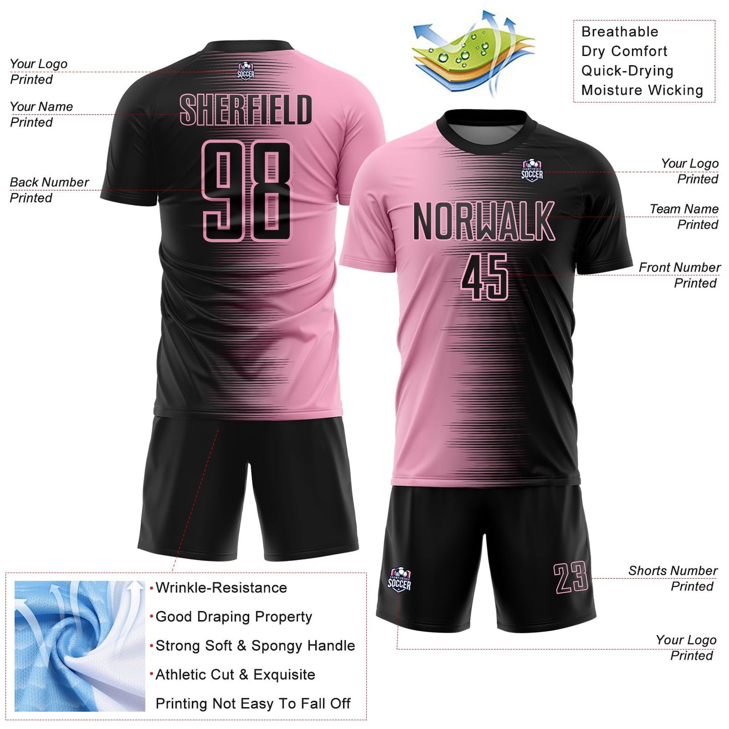 Custom Black Light Pink Gradient Line Sublimation Soccer Uniform Jersey view 4