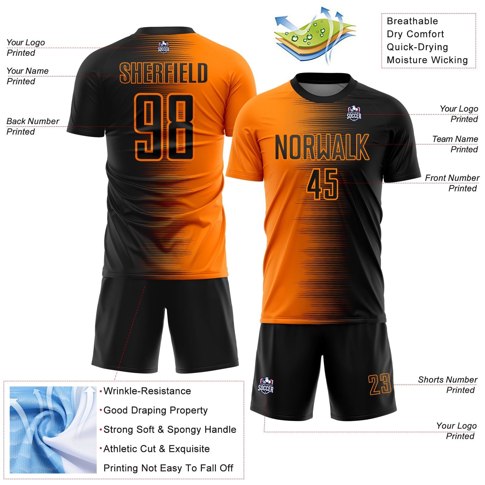Custom Black Bay Orange Gradient Line Sublimation Soccer Uniform Jersey view 4