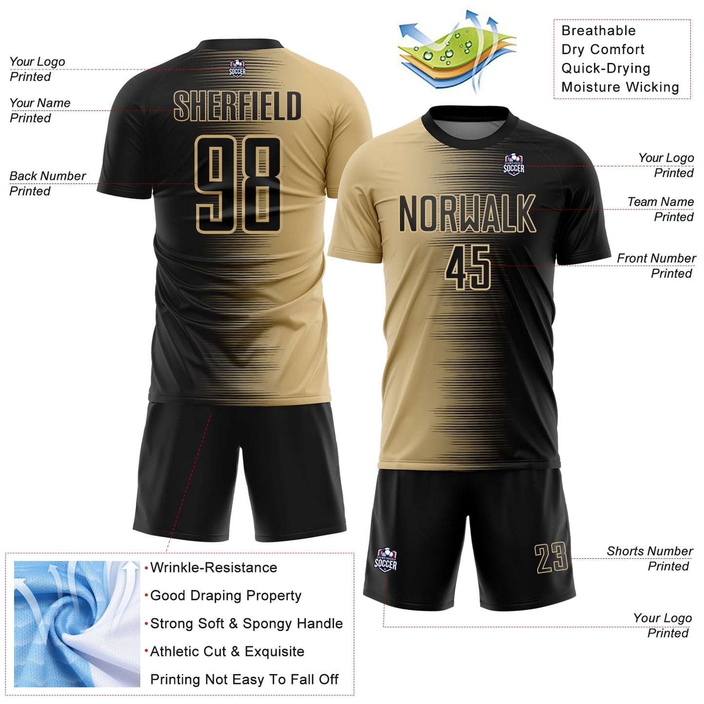 Custom Black Vegas Gold Gradient Line Sublimation Soccer Uniform Jersey view 4