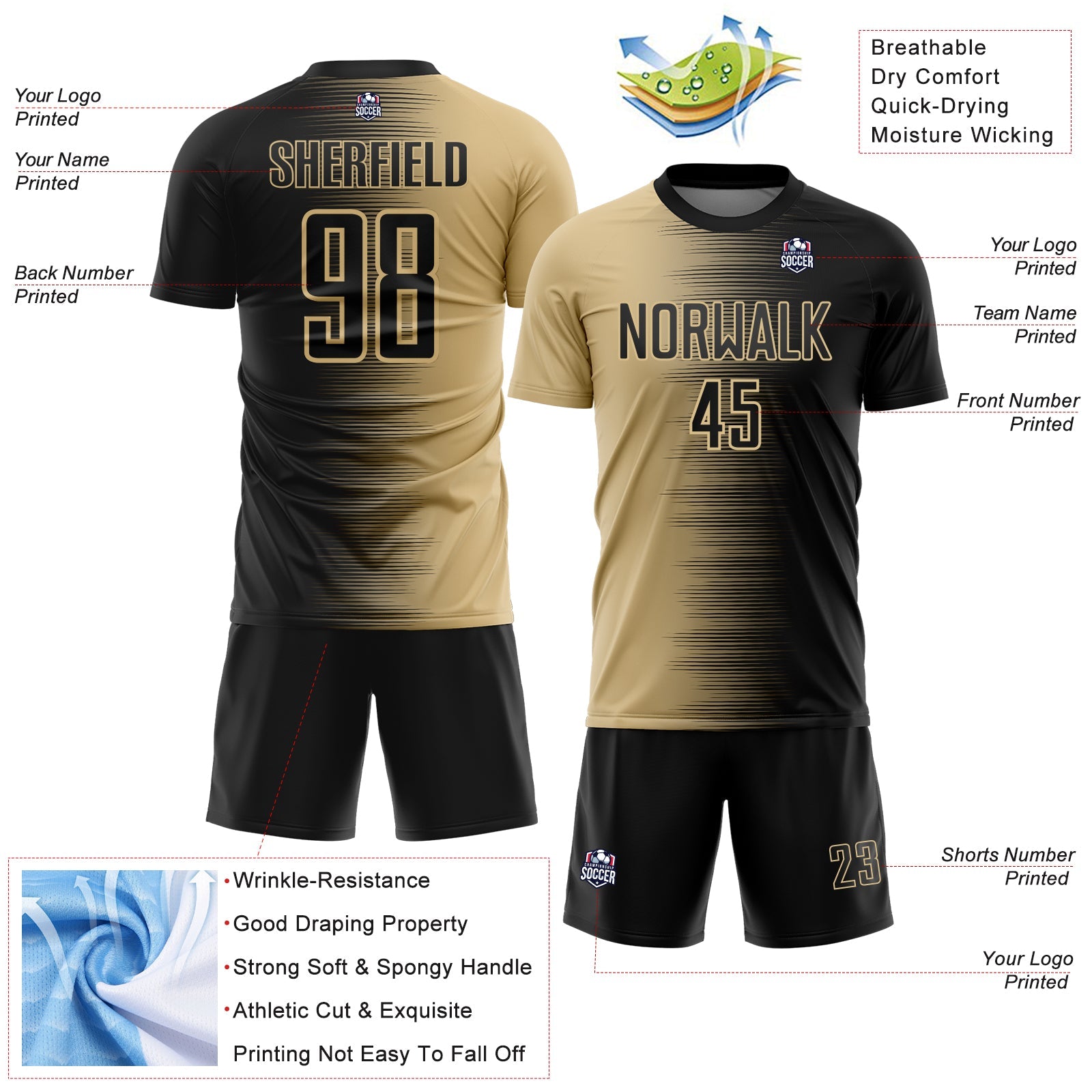 Custom Black Vegas Gold Gradient Line Sublimation Soccer Uniform Jersey view 4