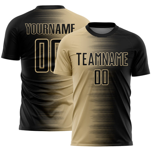 Custom Black Vegas Gold Gradient Line Sublimation Soccer Uniform Jersey - Main View