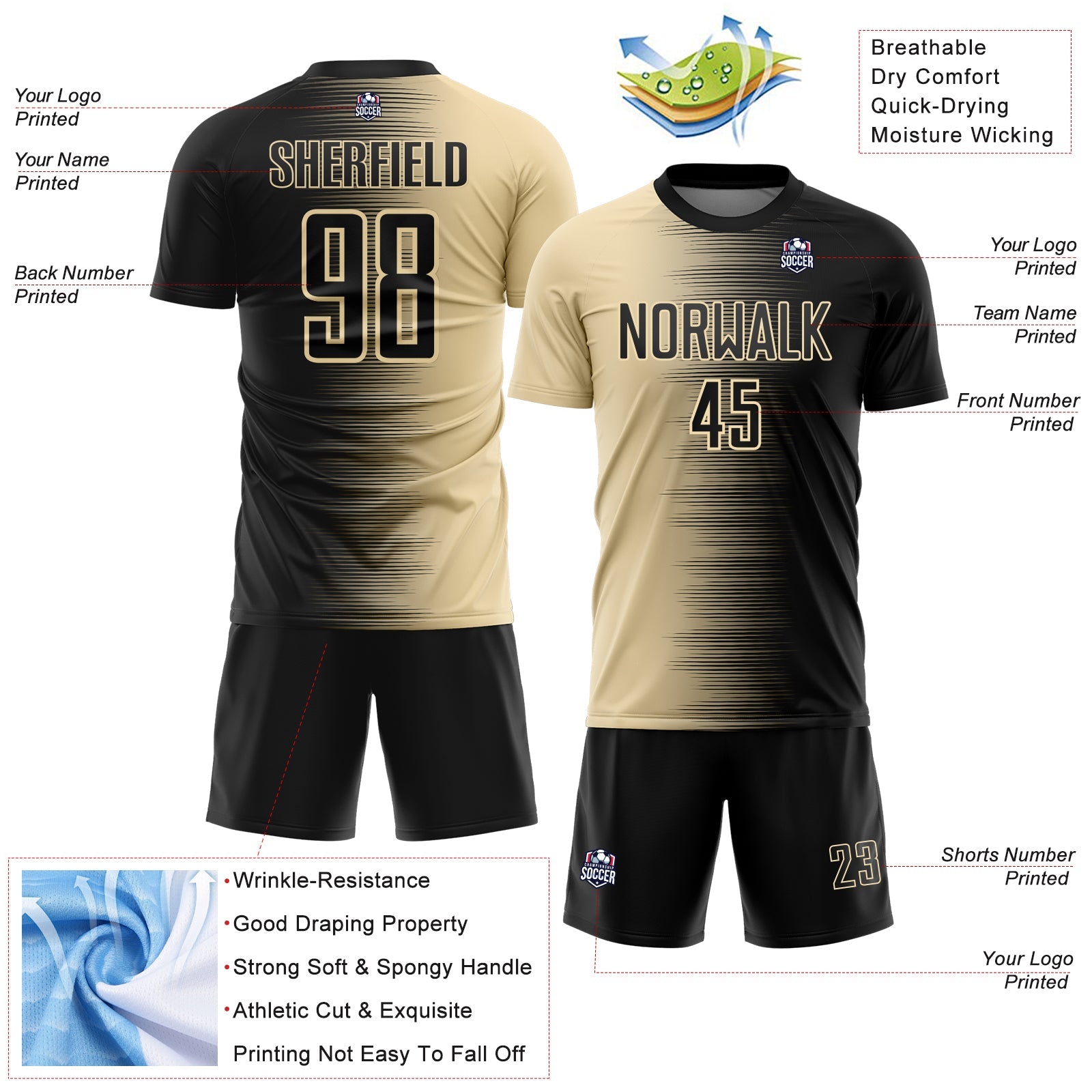 Custom Black Cream Gradient Line Sublimation Soccer Uniform Jersey view 4