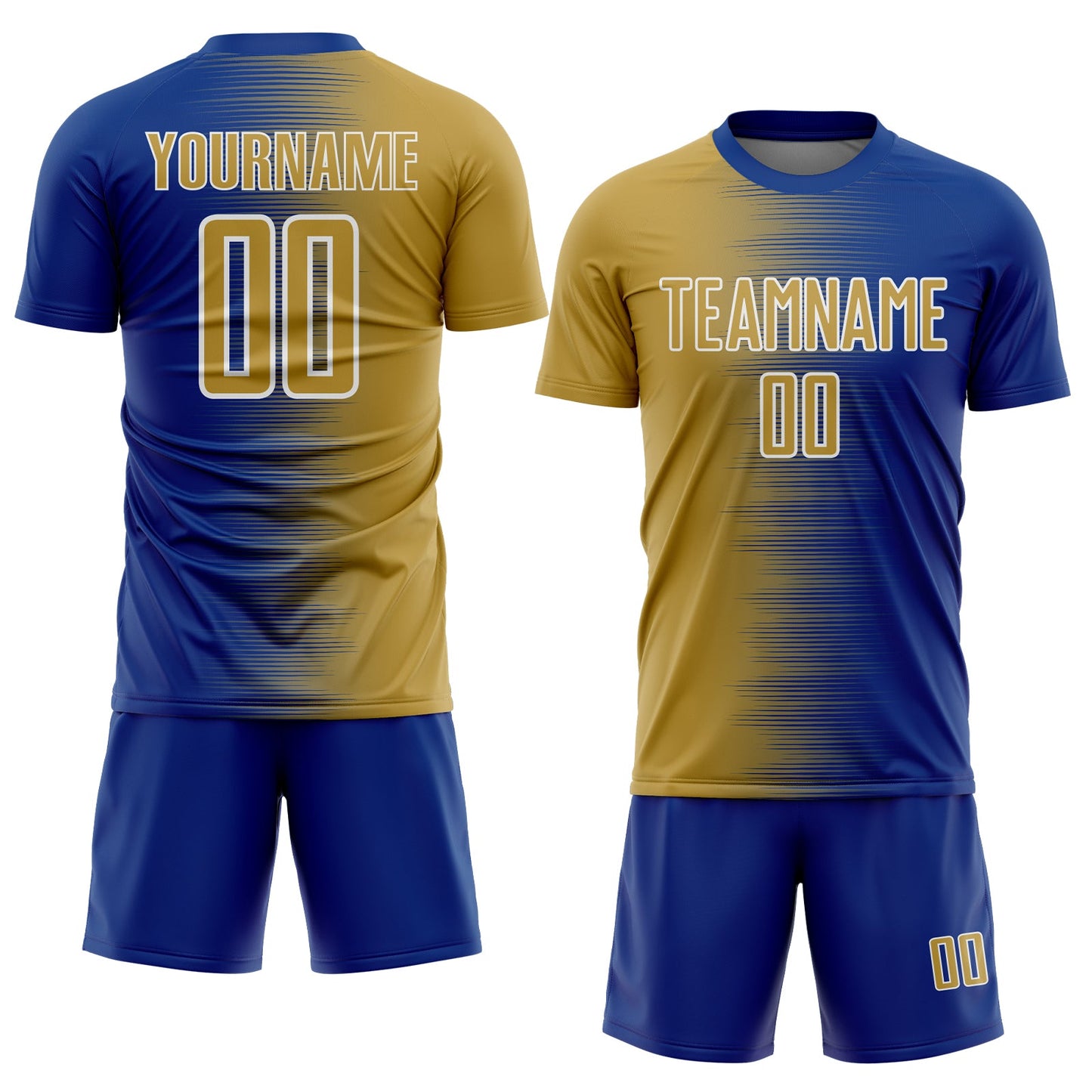 Custom Royal Old Gold-White Gradient Line Sublimation Soccer Uniform Jersey view 2