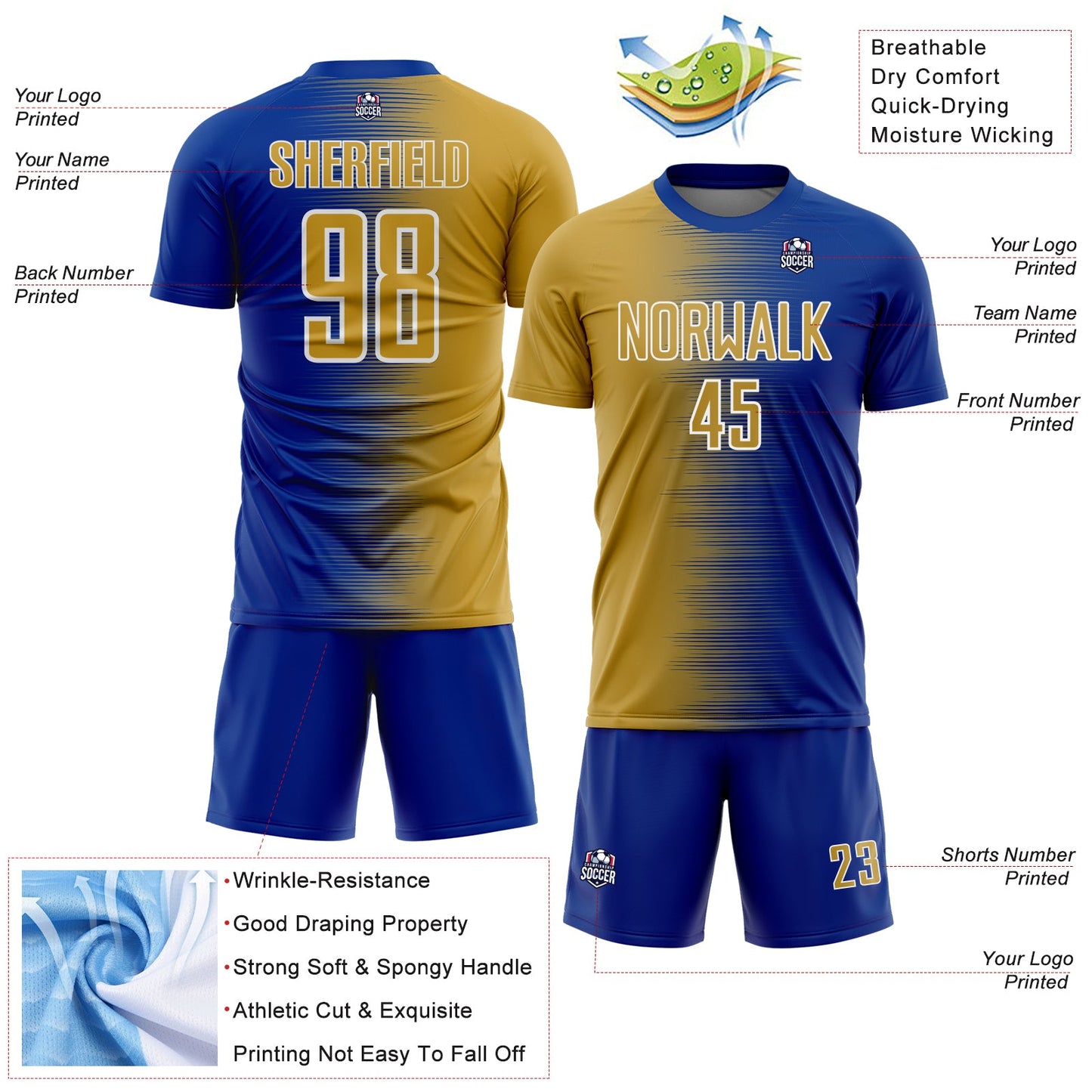 Custom Royal Old Gold-White Gradient Line Sublimation Soccer Uniform Jersey view 4