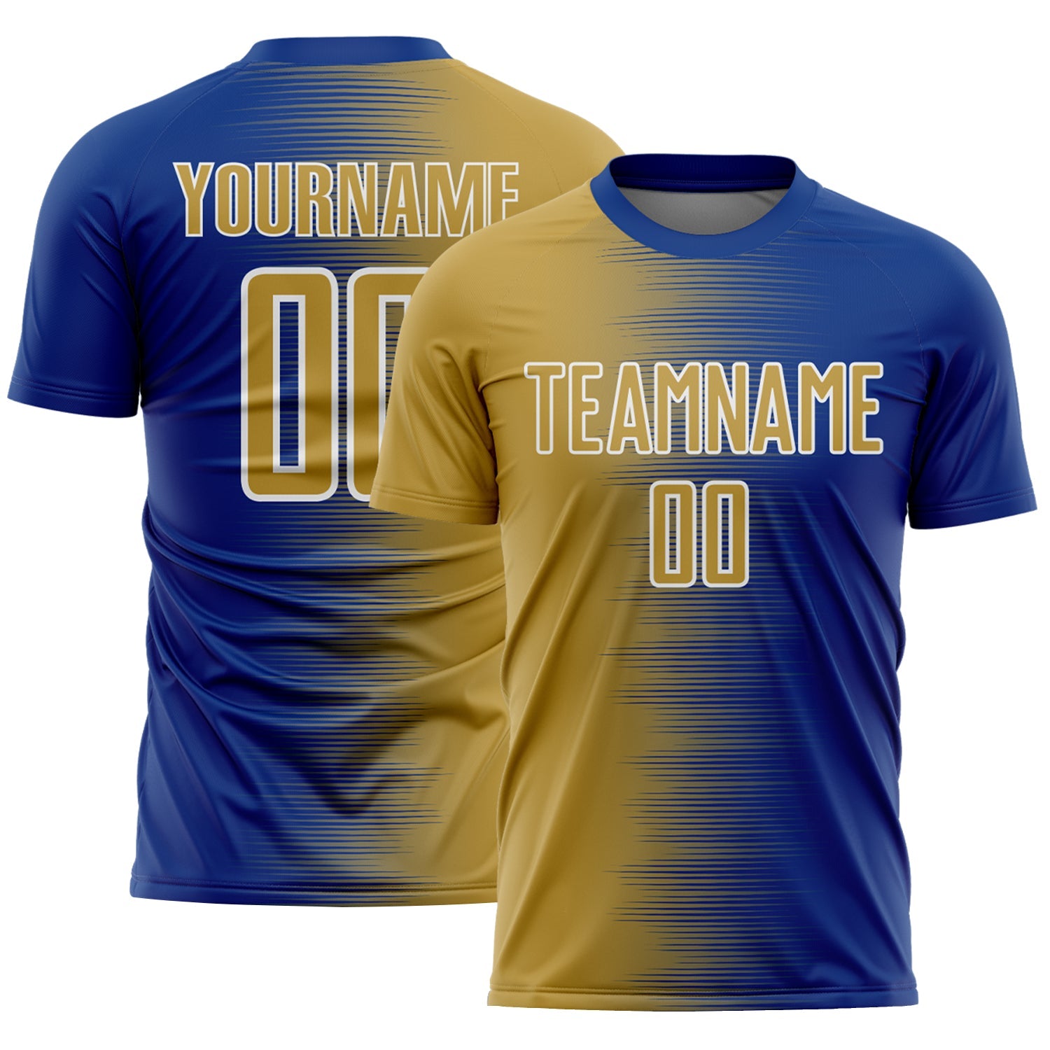 Custom Royal Old Gold-White Gradient Line Sublimation Soccer Uniform Jersey - Main View