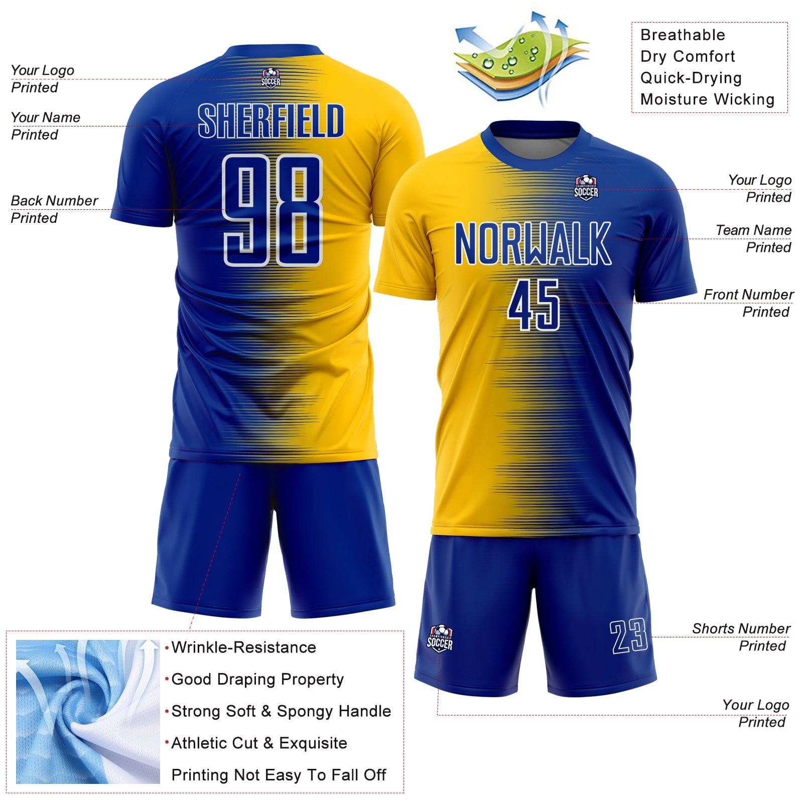 Custom Royal White-Yellow Gradient Line Sublimation Soccer Uniform Jersey view 4