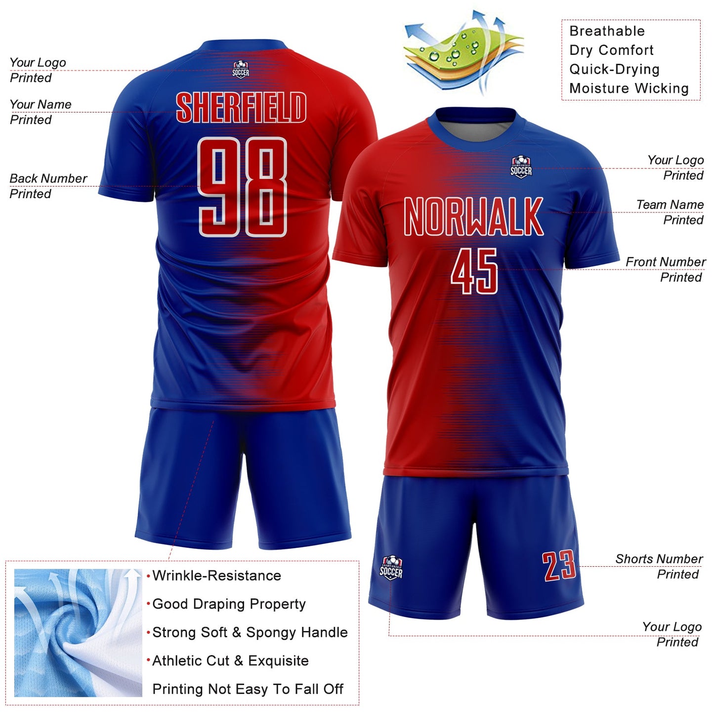 Custom Royal Red-White Gradient Line Sublimation Soccer Uniform Jersey view 4