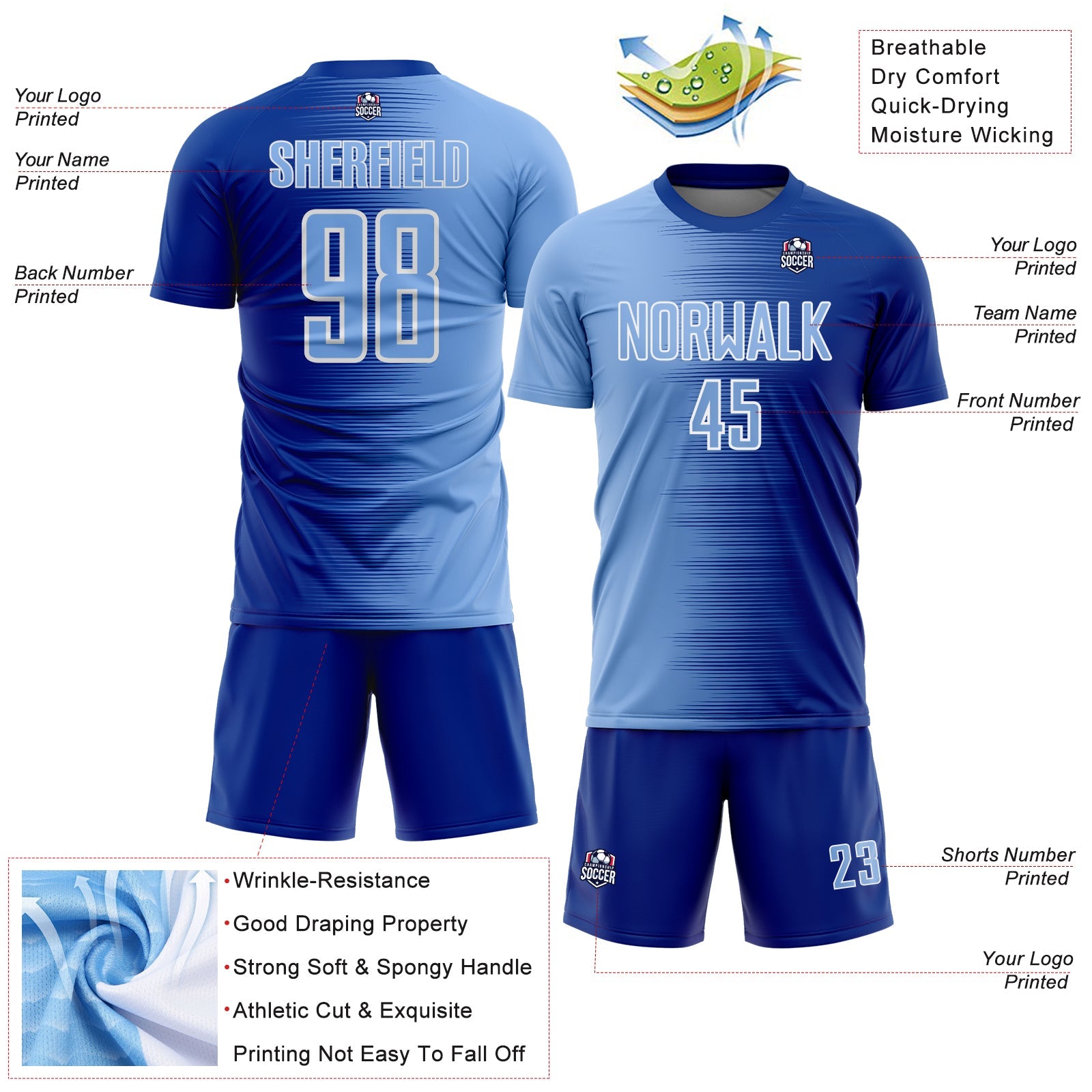 Custom Royal Light Blue-White Gradient Line Sublimation Soccer Uniform Jersey view 4