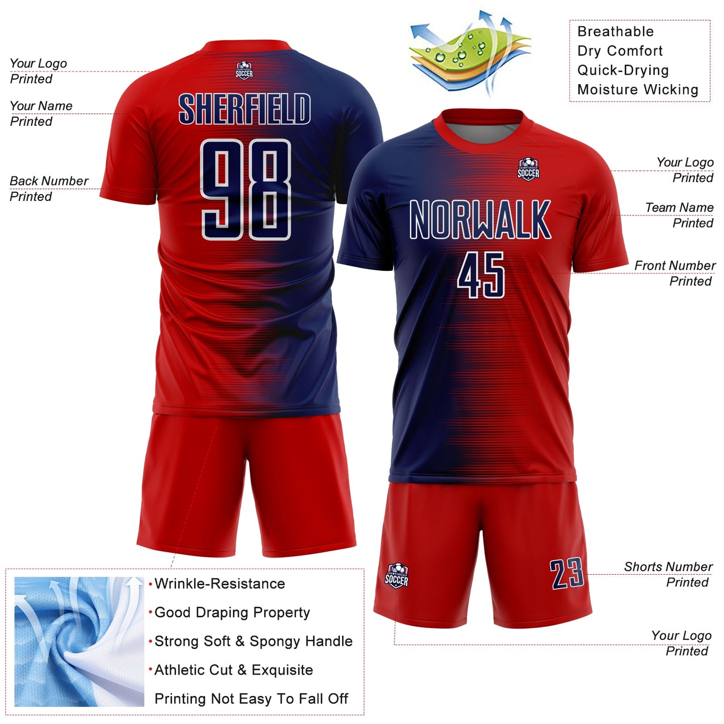 Custom Red Navy-White Gradient Line Sublimation Soccer Uniform Jersey view 4