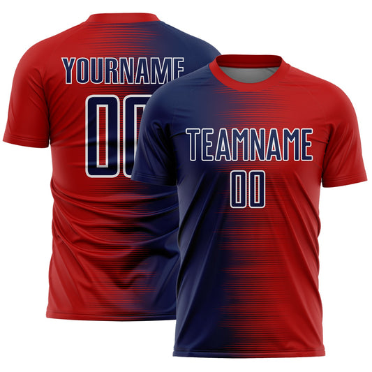 Custom Red Navy-White Gradient Line Sublimation Soccer Uniform Jersey - Main View