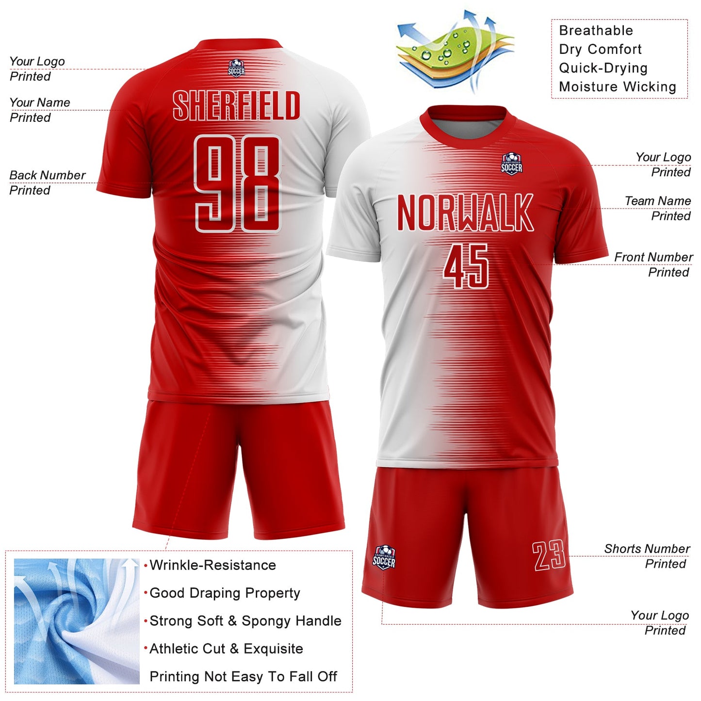 Custom Red White Gradient Line Sublimation Soccer Uniform Jersey view 4