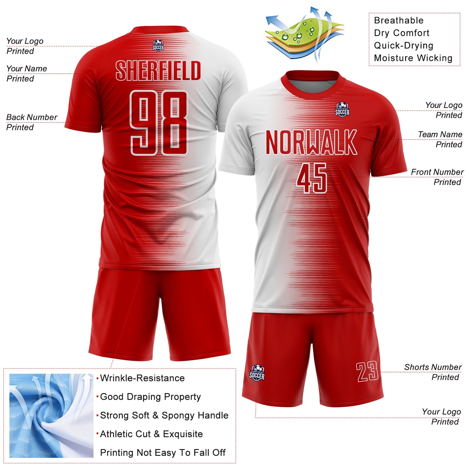 Custom Red White Gradient Line Sublimation Soccer Uniform Jersey view 4