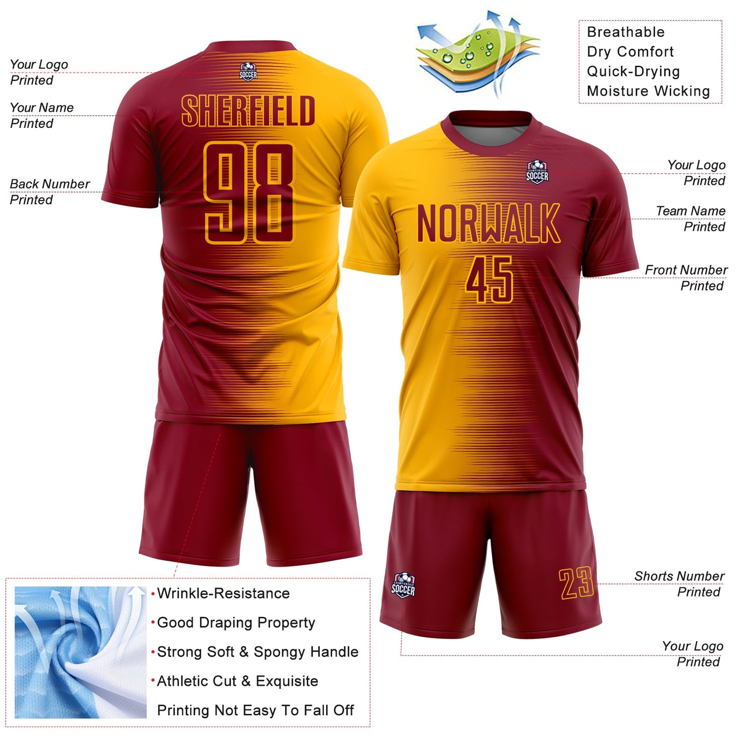 Custom Crimson Gold Gradient Line Sublimation Soccer Uniform Jersey view 4