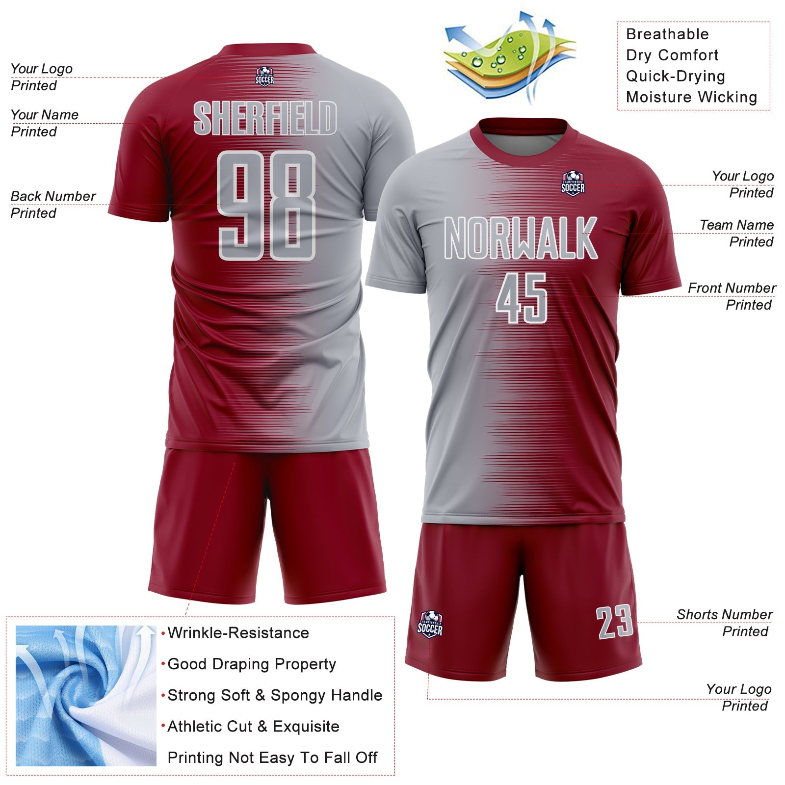 Custom Crimson Gray-White Gradient Line Sublimation Soccer Uniform Jersey view 4
