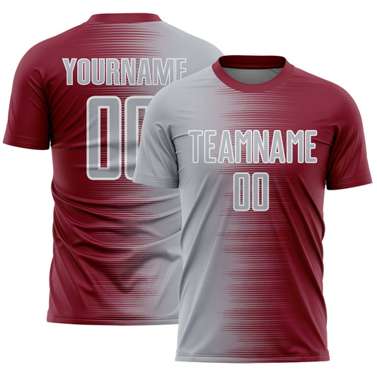 Custom Crimson Gray-White Gradient Line Sublimation Soccer Uniform Jersey - Main View