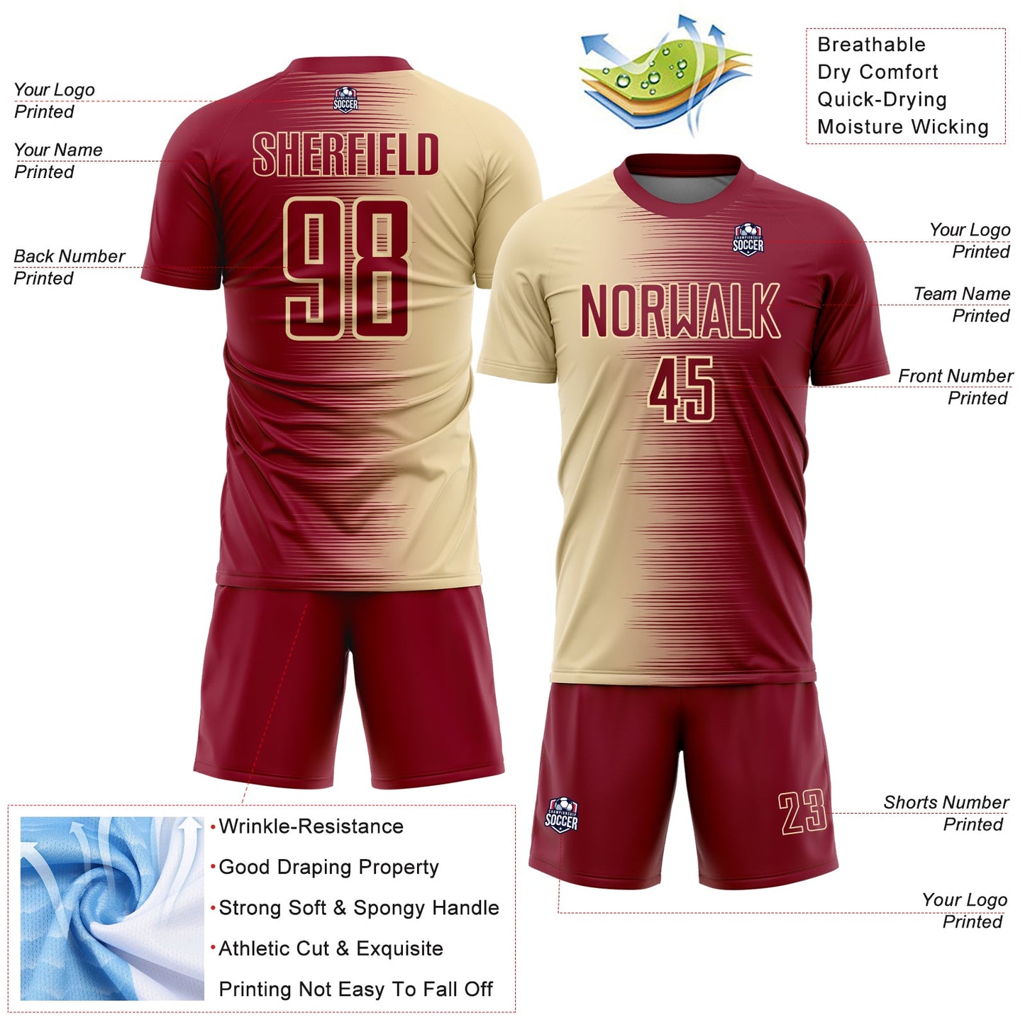 Custom Crimson Cream Gradient Line Sublimation Soccer Uniform Jersey view 4