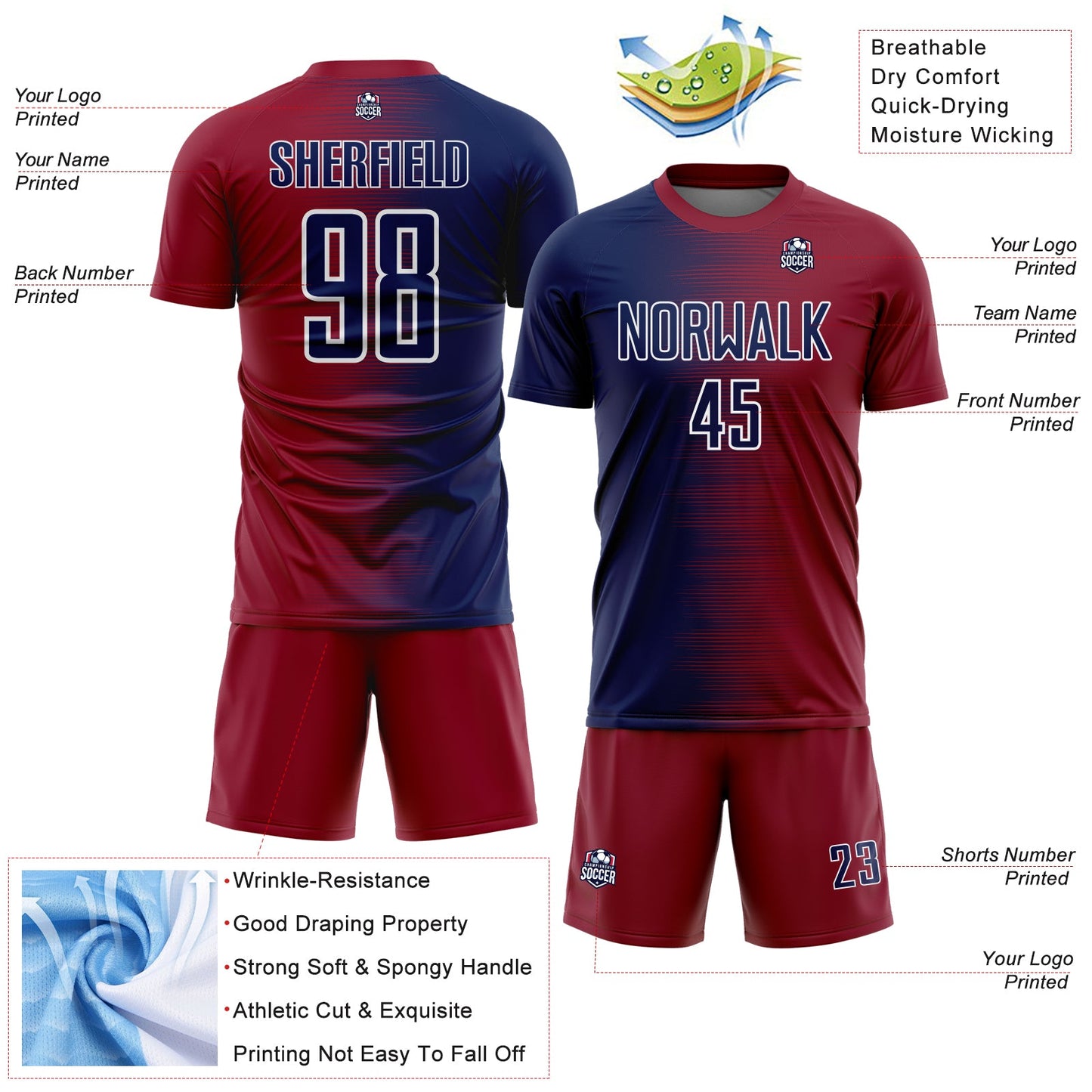 Custom Crimson Navy-White Gradient Line Sublimation Soccer Uniform Jersey view 4