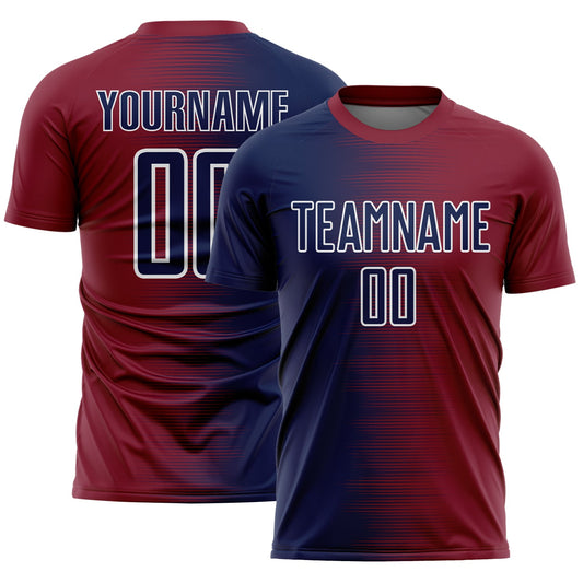 Custom Crimson Navy-White Gradient Line Sublimation Soccer Uniform Jersey - Main View