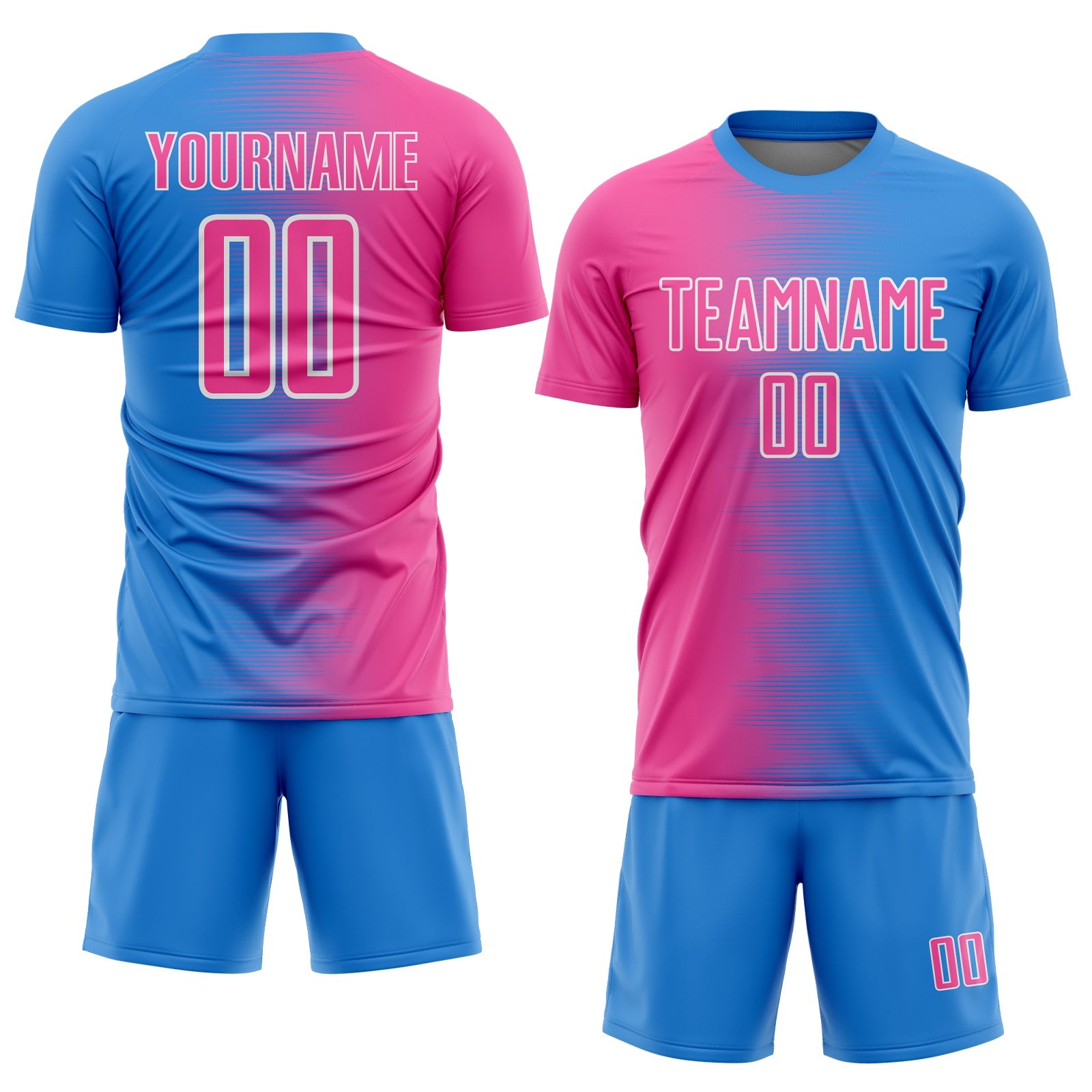Custom Powder Blue Pink-White Gradient Line Sublimation Soccer Uniform Jersey view 2