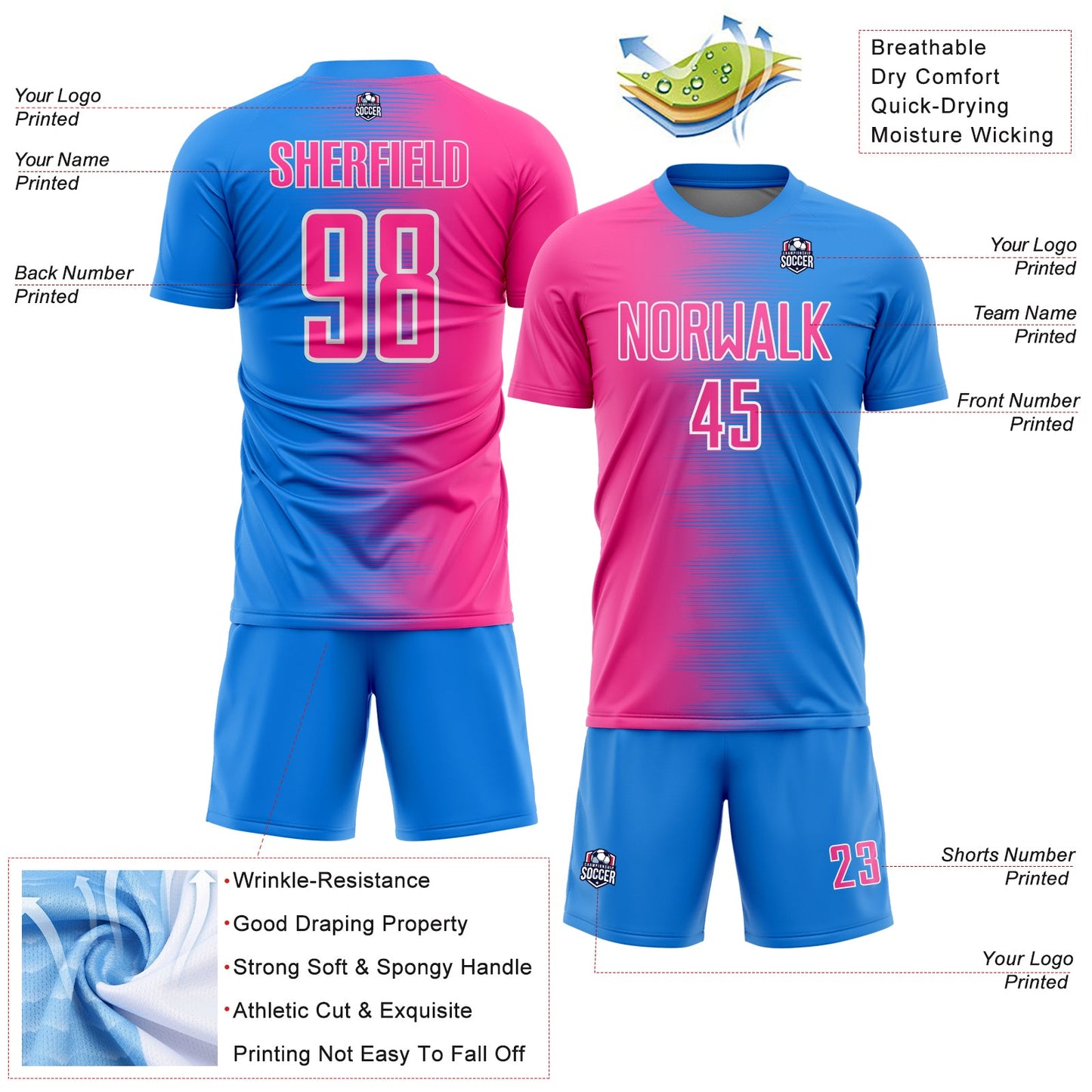 Custom Powder Blue Pink-White Gradient Line Sublimation Soccer Uniform Jersey view 4