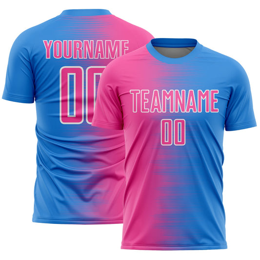 Custom Powder Blue Pink-White Gradient Line Sublimation Soccer Uniform Jersey - Main View