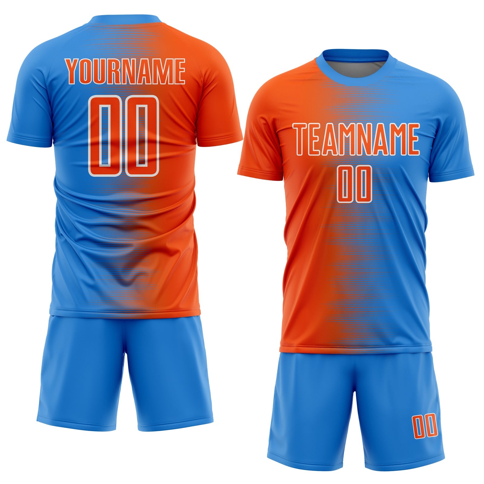 Custom Powder Blue Orange-White Gradient Line Sublimation Soccer Uniform Jersey view 2
