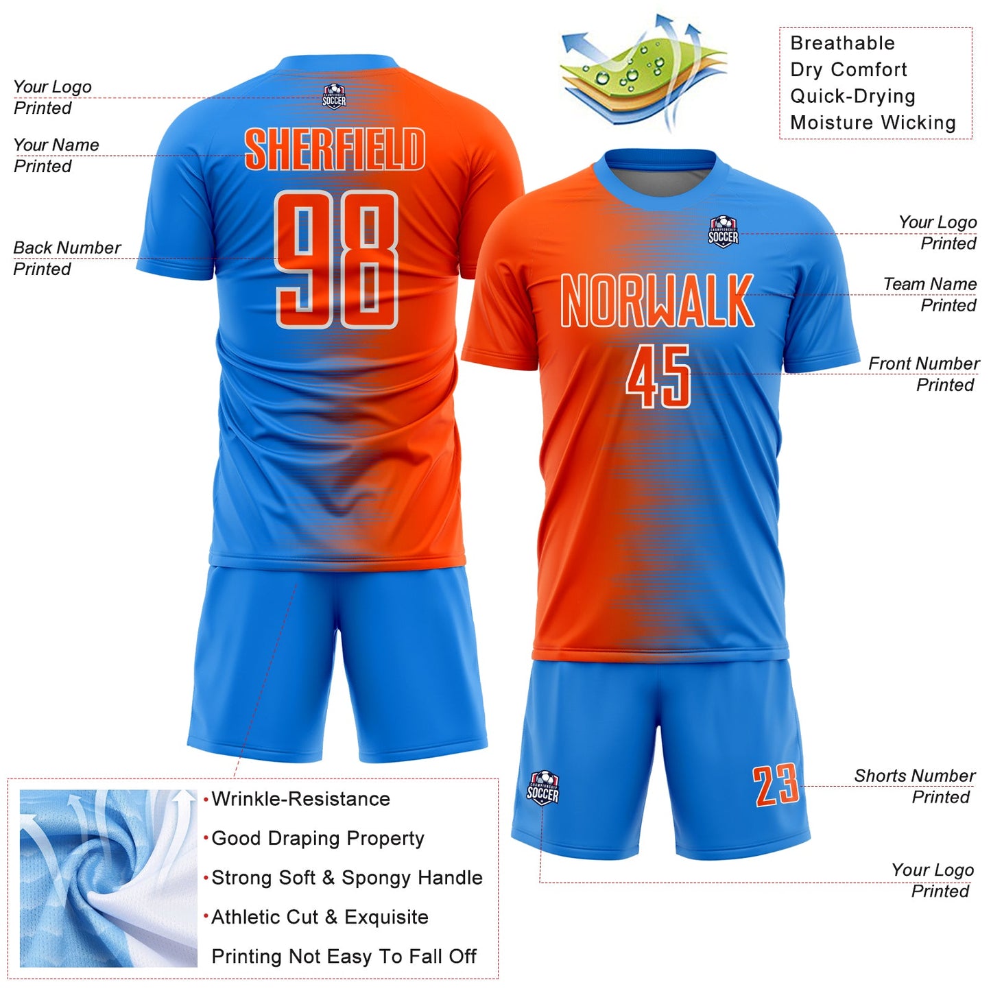 Custom Powder Blue Orange-White Gradient Line Sublimation Soccer Uniform Jersey view 4
