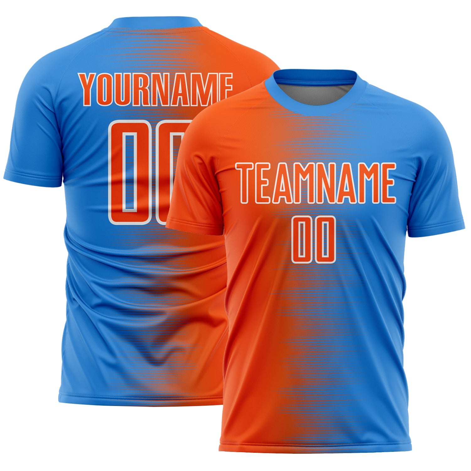 Custom Powder Blue Orange-White Gradient Line Sublimation Soccer Uniform Jersey - Main View