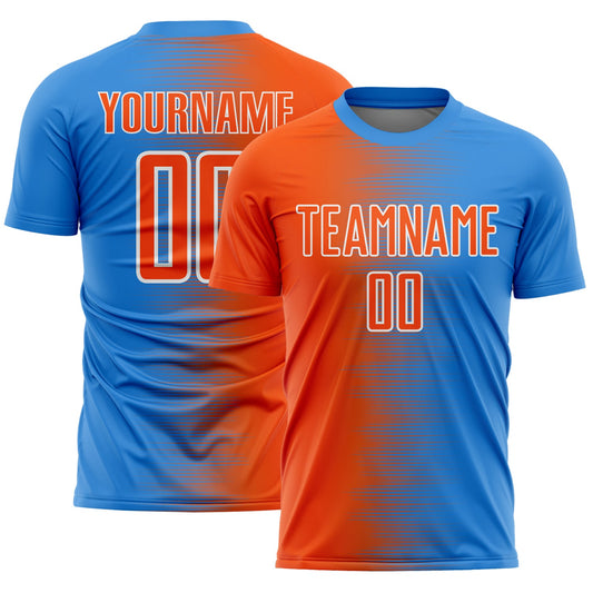 Custom Powder Blue Orange-White Gradient Line Sublimation Soccer Uniform Jersey - Main View