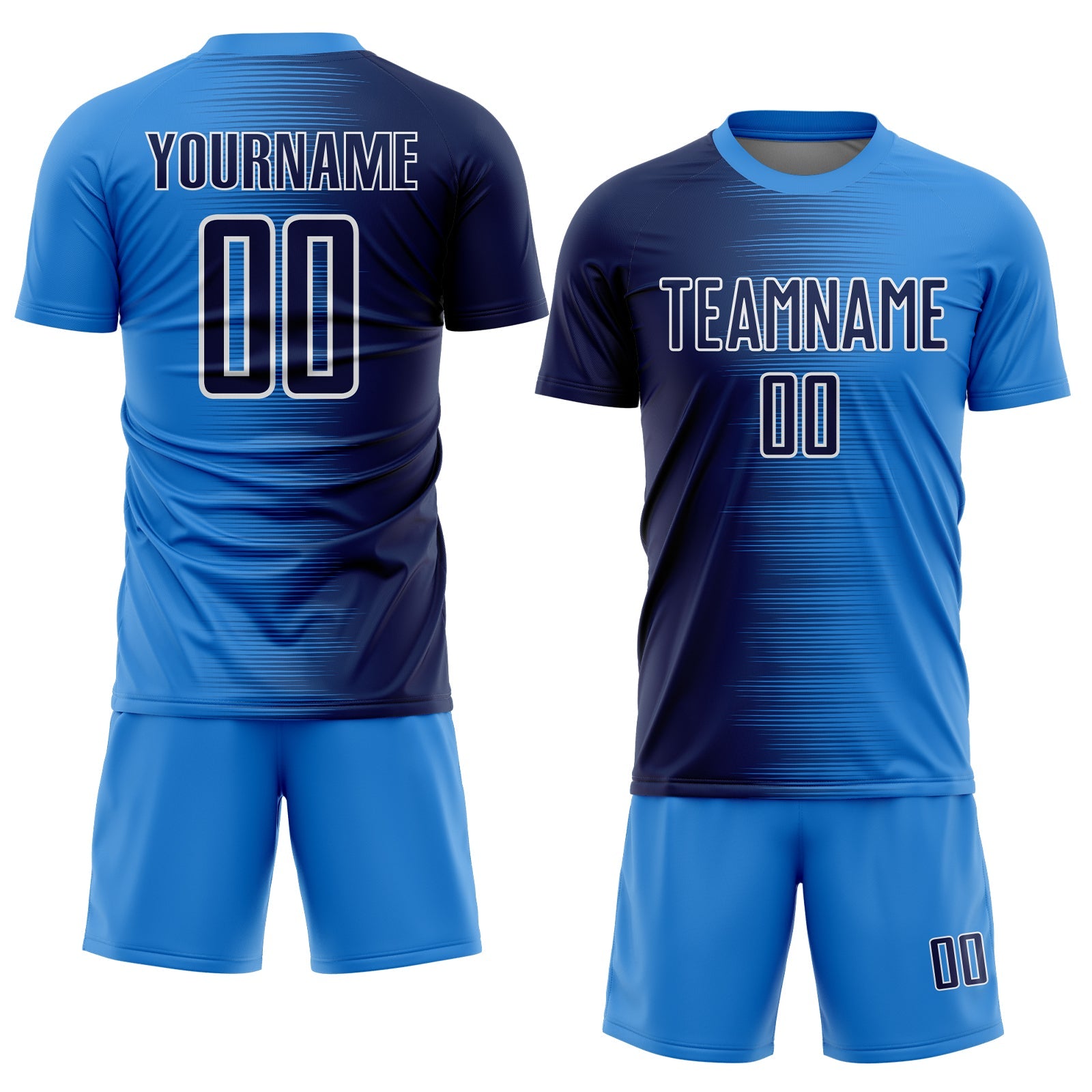 Custom Powder Blue Navy-White Gradient Line Sublimation Soccer Uniform Jersey view 2