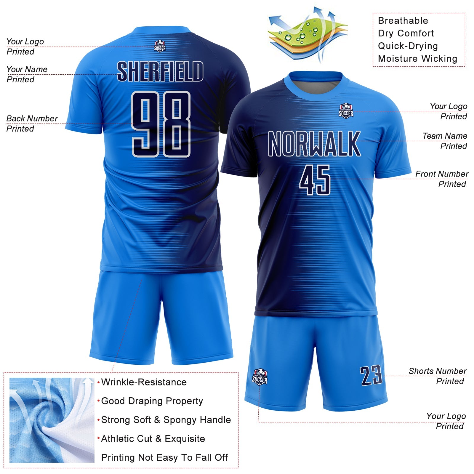 Custom Powder Blue Navy-White Gradient Line Sublimation Soccer Uniform Jersey view 4