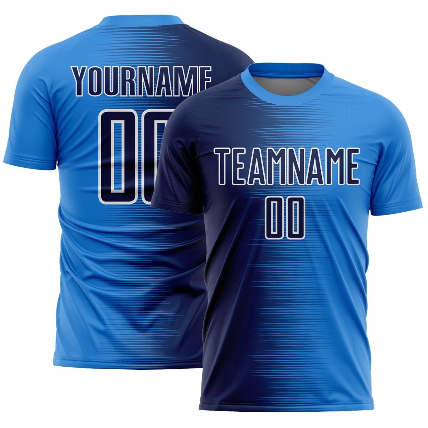 Custom Powder Blue Navy-White Gradient Line Sublimation Soccer Uniform Jersey - Main View