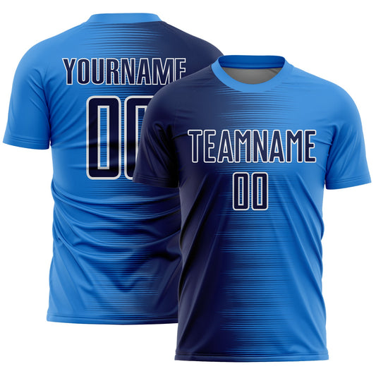 Custom Powder Blue Navy-White Gradient Line Sublimation Soccer Uniform Jersey - Main View