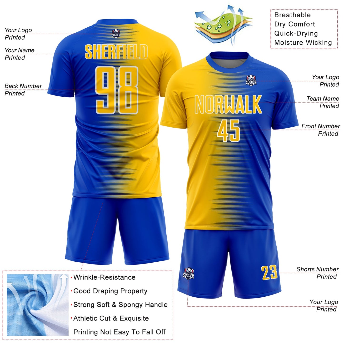 Custom Thunder Blue Yellow-White Gradient Line Sublimation Soccer Uniform Jersey view 4