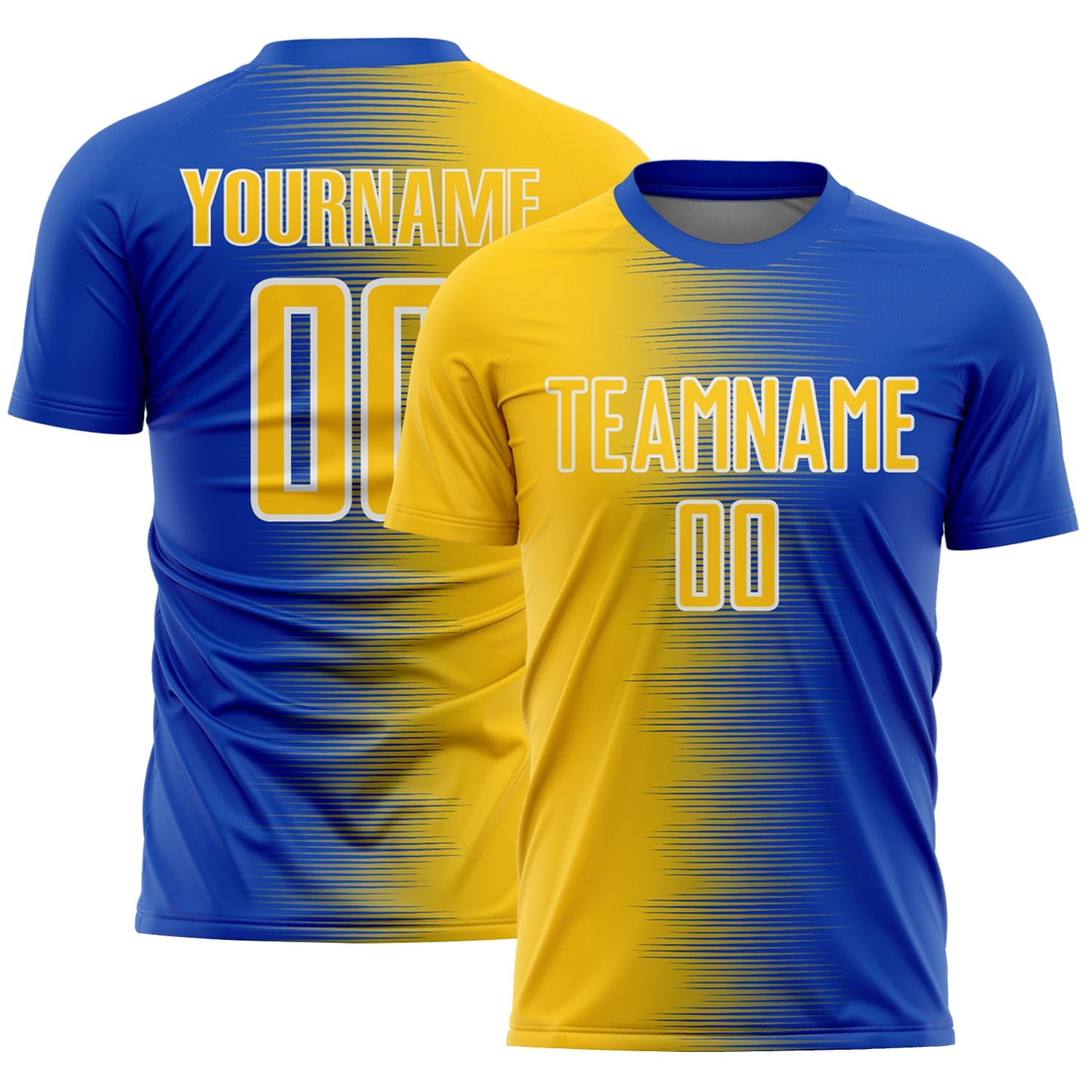 Custom Thunder Blue Yellow-White Gradient Line Sublimation Soccer Uniform Jersey - Main View