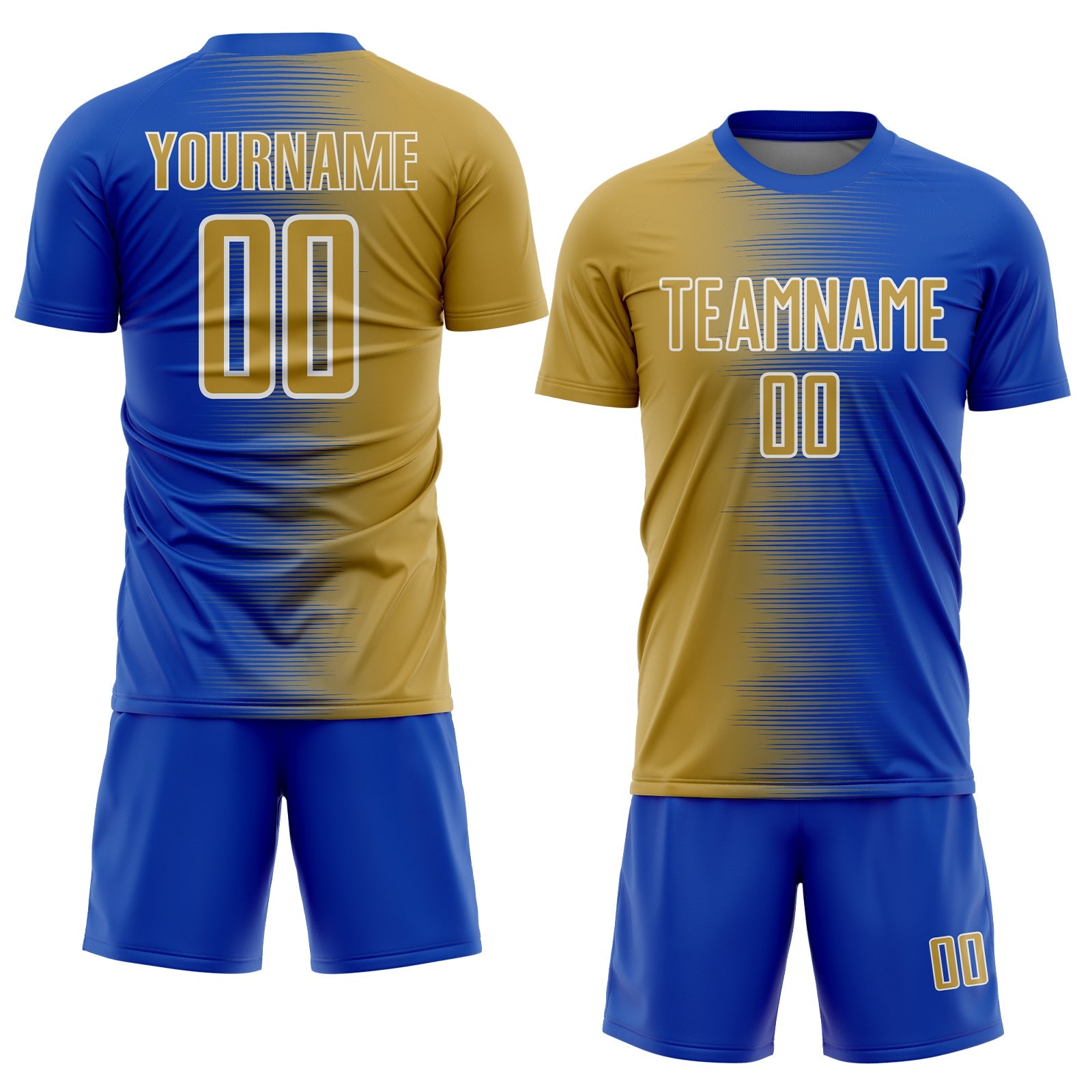 Custom Thunder Blue Old Gold-White Gradient Line Sublimation Soccer Uniform Jersey view 2