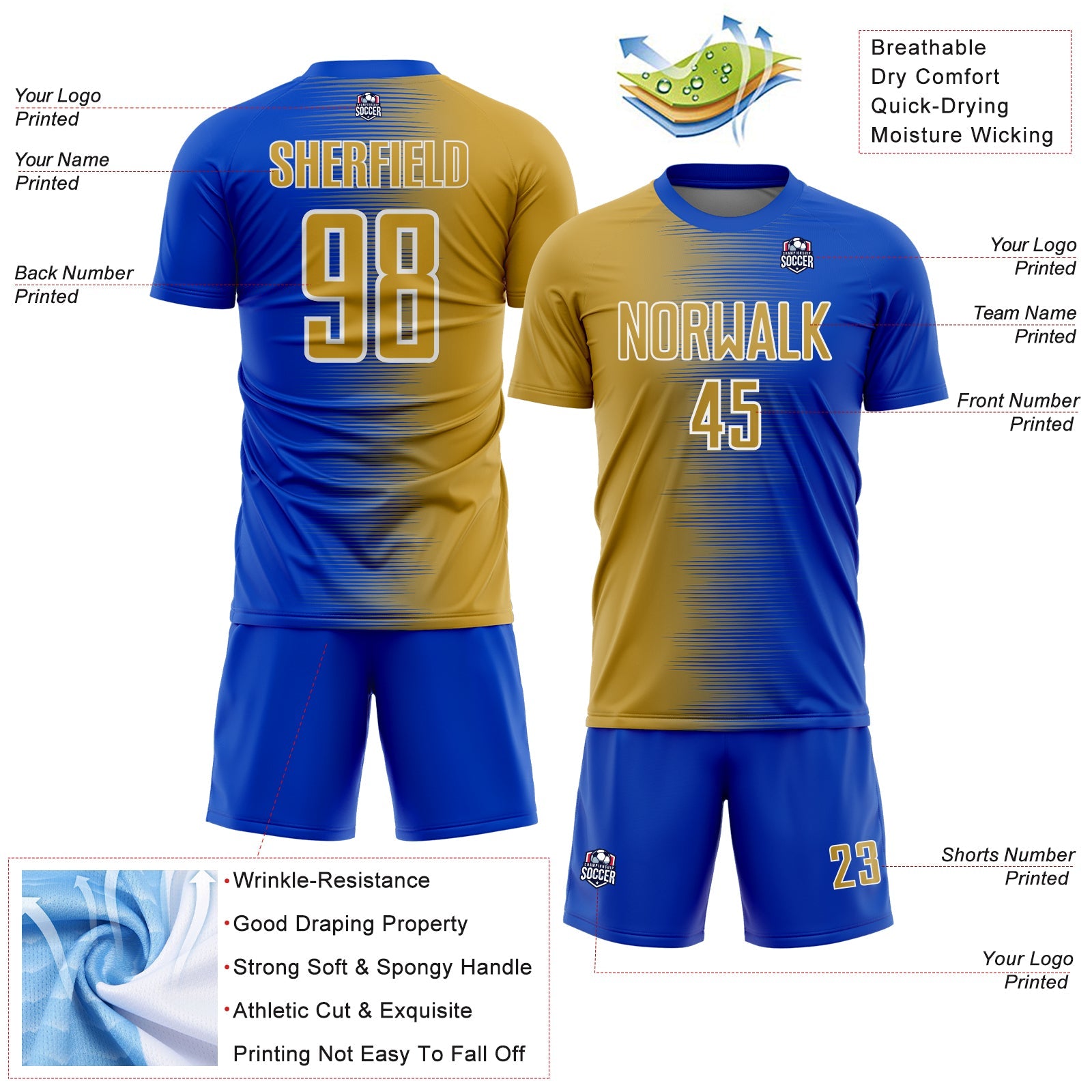 Custom Thunder Blue Old Gold-White Gradient Line Sublimation Soccer Uniform Jersey view 4