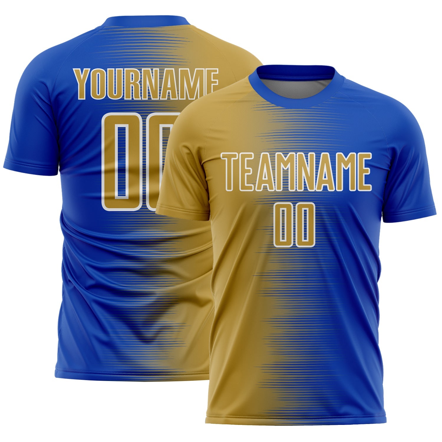 Custom Thunder Blue Old Gold-White Gradient Line Sublimation Soccer Uniform Jersey - Main View